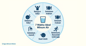 Infografik 7 waktu ideal minum air mineral berkualitas: bangun tidur, sebelum makan, setelah makan, sebelum/sesudah olahraga, saat lelah, sebelum mandi, dan sebelum tidur.