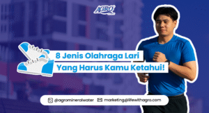 Poster artikel AGRO Mineral berjudul 8 Jenis Olahraga Lari yang Harus Kamu Ketahui dengan ilustrasi pria berlari mengenakan kaos biru.