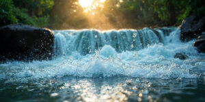 Mata air yang jernih dan alami dengan percikan air terjun di tengah hutan.