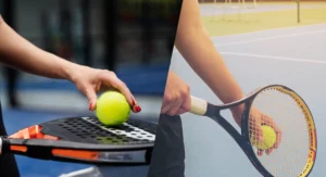 Perbandingan raket padel vs raket tenis, memperlihatkan perbedaan bentuk kepala raket padel berlubang dan raket tenis berjala dengan bola kuning.
